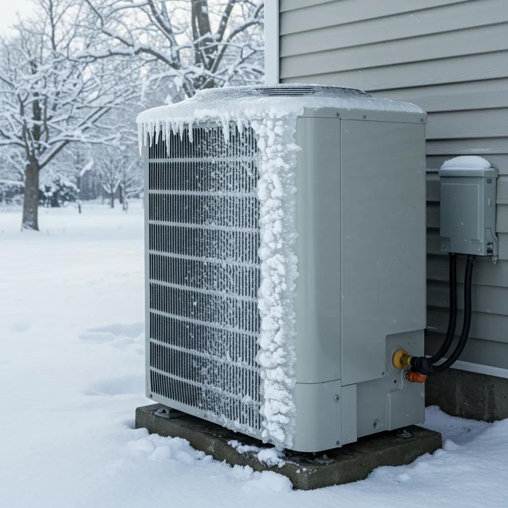 Heat pump unit covered in ice, illustrating freezing issues and troubleshooting challenges