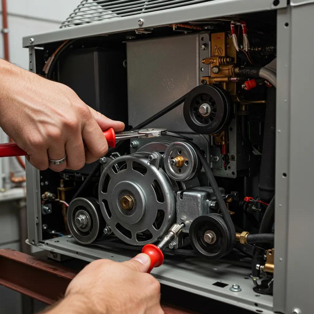 Technician inspecting heat pump components to diagnose strange noises, highlighting maintenance and repair