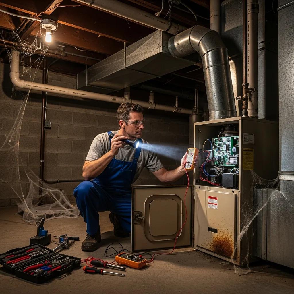 Common Furnace Problems and Solutions 3 Technician inspecting a furnace for noise issues — diagnose before repairing