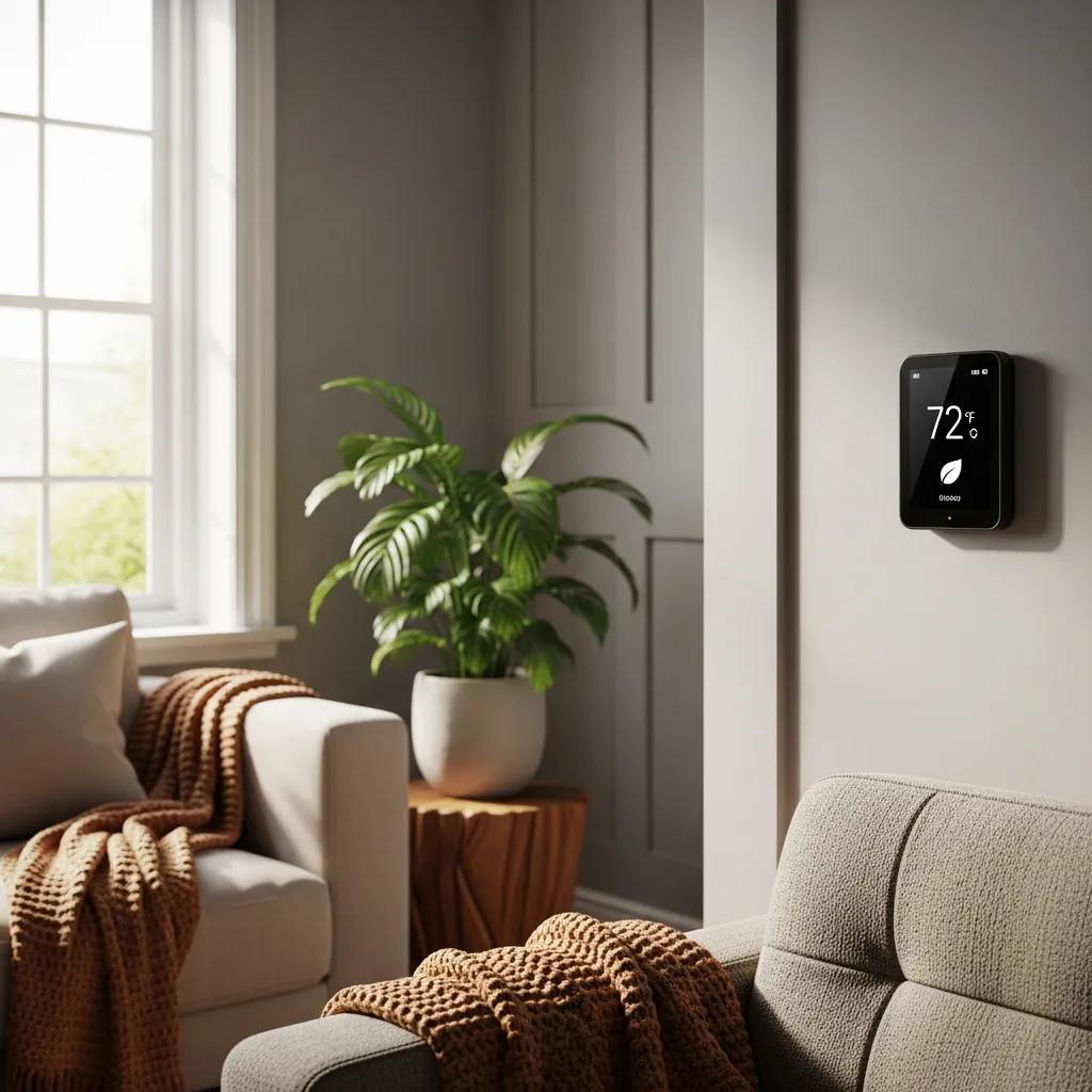 Smart thermostat in a living room showing energy-efficient home automation