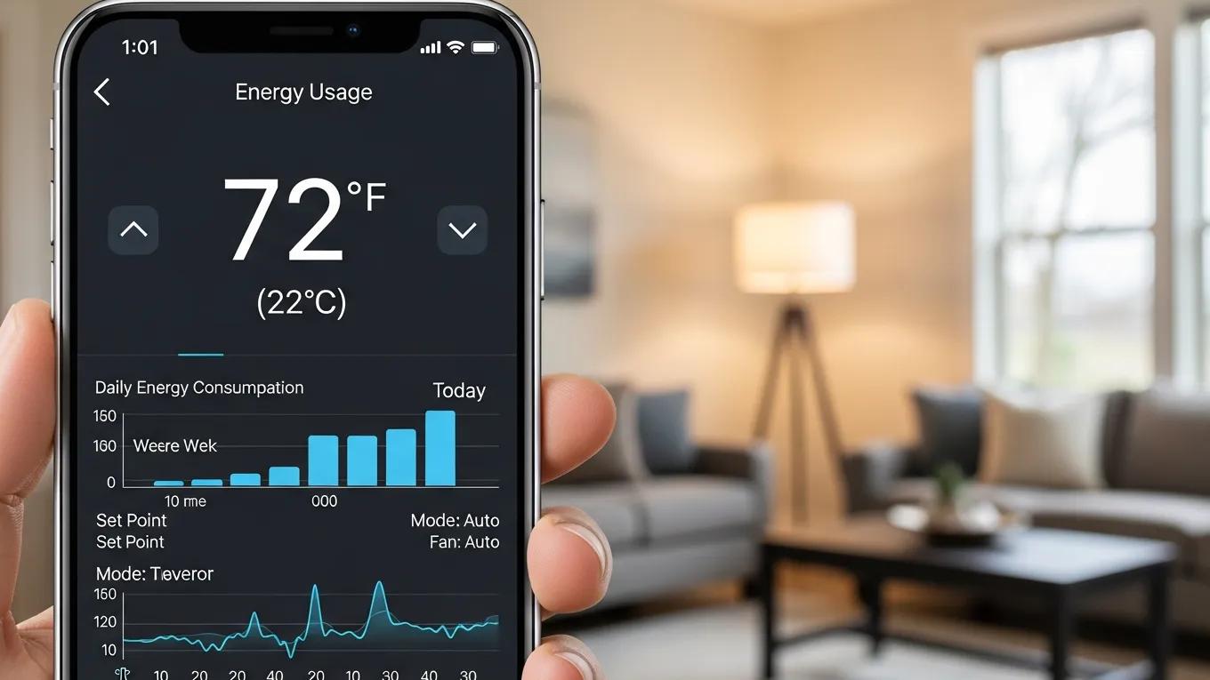 Integrate HVAC with Smart Home Systems 2 Smart thermostat interface on a smartphone, demonstrating energy efficiency and remote control features